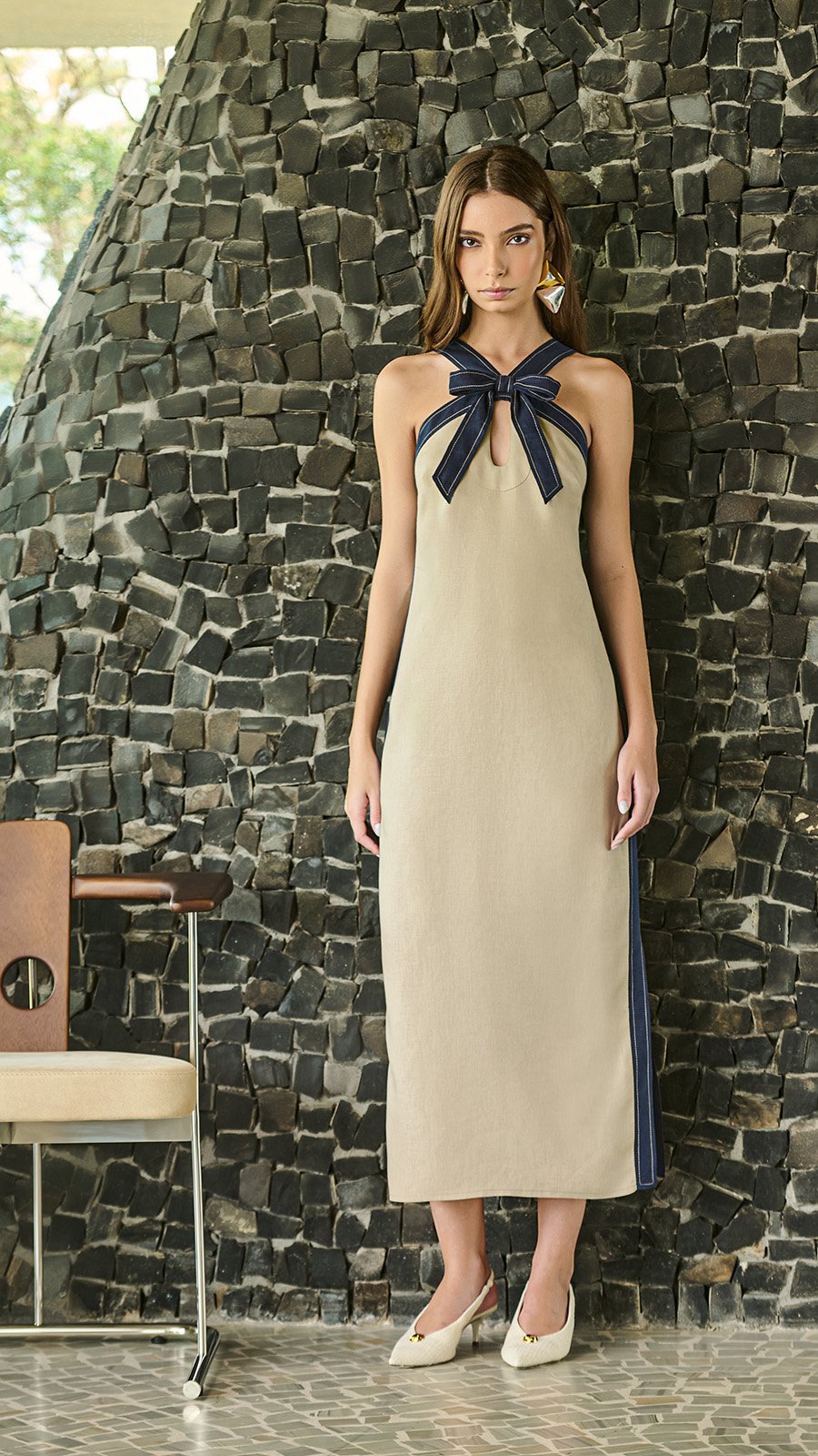 Linho Vestido Longo Decote Profundo Vestido De Gerogete Longo